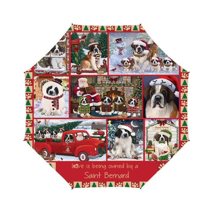 Love is Being Owned Christmas Saint Bernard Dogs Semi-Automatic Foldable Umbrella