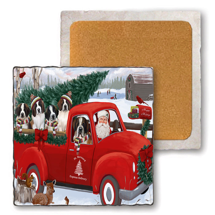 Christmas Santa Express Delivery Saint Bernards Dog Family Set of 4 Natural Stone Marble Tile Coasters MCST50062