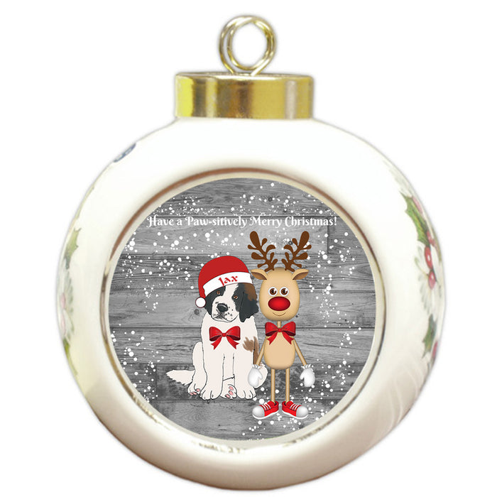 Custom Personalized Saint Bernard Dog Reindeer and Pooch Christmas Round Ball Ornament