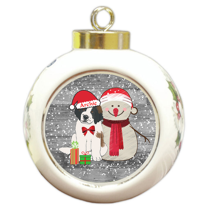 Custom Personalized Snowy Snowman and Saint Bernard Dog Christmas Round Ball Ornament