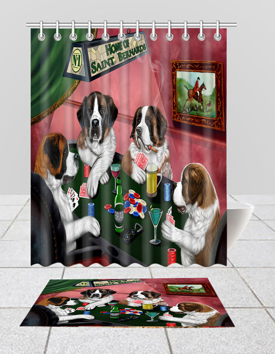 Home of  Saint Bernard Dogs Playing Poker Bath Mat and Shower Curtain Combo