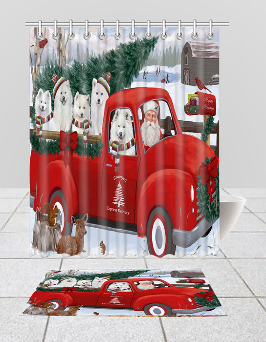 Christmas Santa Express Delivery Red Truck Samoyed Dogs Bath Mat and Shower Curtain Combo