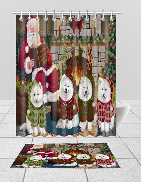 Christmas Cozy Holiday Fire Tails Samoyed Dogs Bath Mat and Shower Curtain Combo