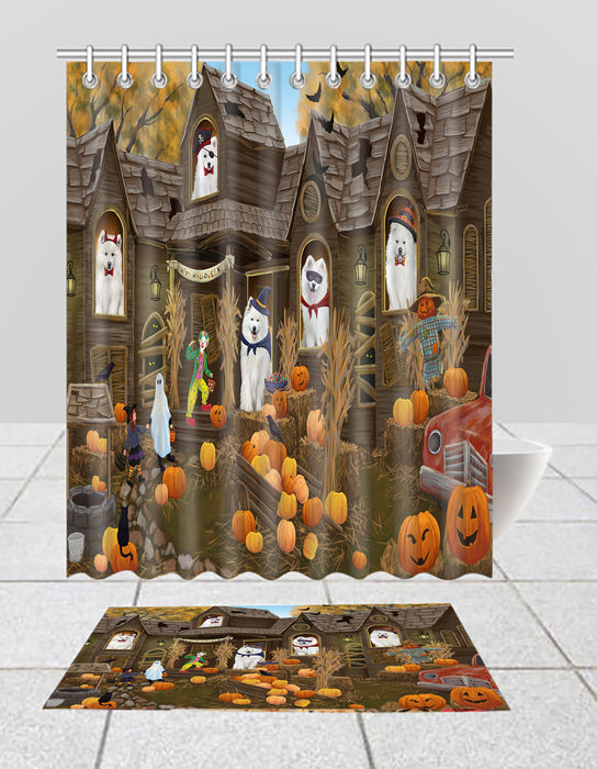 Haunted House Halloween Trick or Treat Samoyed Dogs  Bath Mat and Shower Curtain Combo