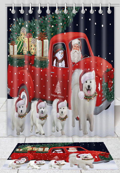 Christmas Express Delivery Red Truck Running Samoyed Dogs Bath Mat and Shower Curtain Combo