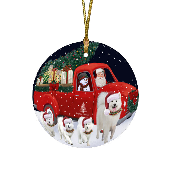 Christmas Express Delivery Red Truck Running Samoyed Dogs Round Flat Christmas Ornament RFPOR57774