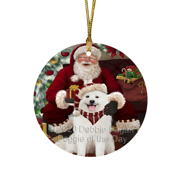 Santa's Christmas Surprise Samoyed Dog Round Flat Christmas Ornament RFPOR58064