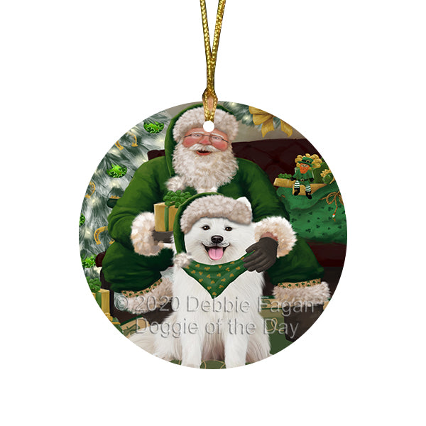Christmas Irish Santa with Gift and Rough Collie Dog Round Flat Christmas Ornament RFPOR57963