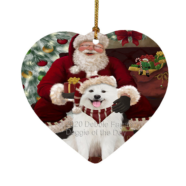 Santa's Christmas Surprise Samoyed Dog Heart Christmas Ornament RFPOR58406