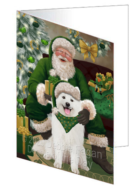 Christmas Irish Santa with Gift and Samoyed Dog Handmade Artwork Assorted Pets Greeting Cards and Note Cards with Envelopes for All Occasions and Holiday Seasons GCD75965