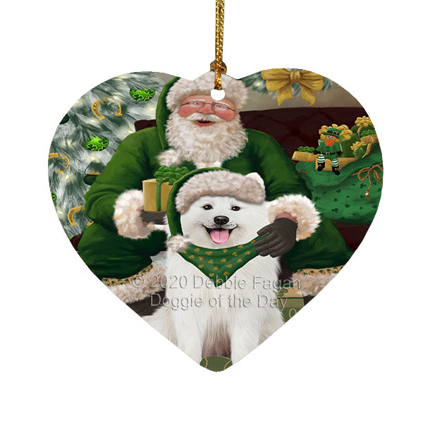 Christmas Irish Santa with Gift and Samoyed Dog Heart Christmas Ornament RFPOR58307