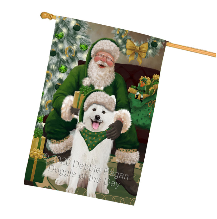 Christmas Irish Santa with Gift and Samoyed Dog House Flag FLG66737