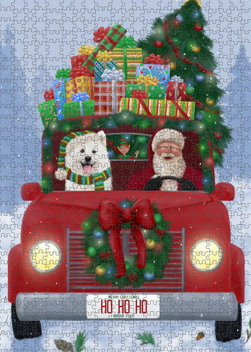 Christmas Honk Honk Red Truck Here Comes with Santa and Samoyed Dog Puzzle with Photo Tin PUZL100172