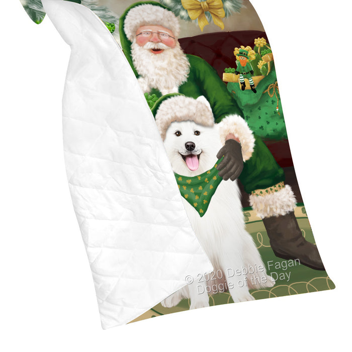 Christmas Irish Santa with Gift and Samoyed Dog Quilt Bed Coverlet Bedspread - Pets Comforter Unique One-side Animal Printing - Soft Lightweight Durable Washable Polyester Quilt