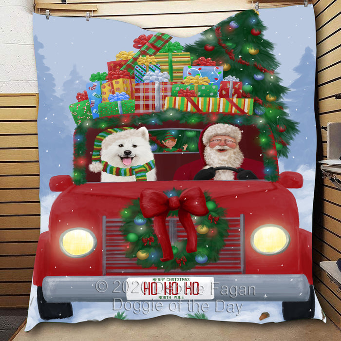 Christmas Honk Honk Red Truck with Santa and Samoyed Dog Quilt Bed Coverlet Bedspread - Pets Comforter Unique One-side Animal Printing - Soft Lightweight Durable Washable Polyester Quilt