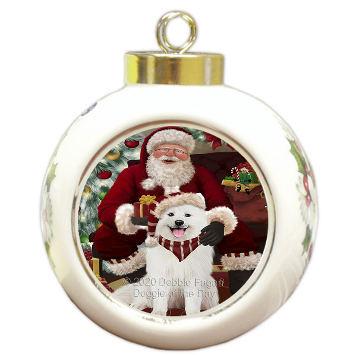 Santa's Christmas Surprise Samoyed Dog Round Ball Christmas Ornament RBPOR58064