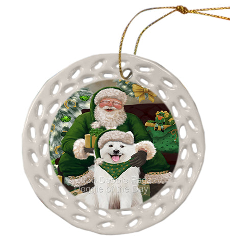 Christmas Irish Santa with Gift and Samoyed Dog Doily Ornament DPOR59527