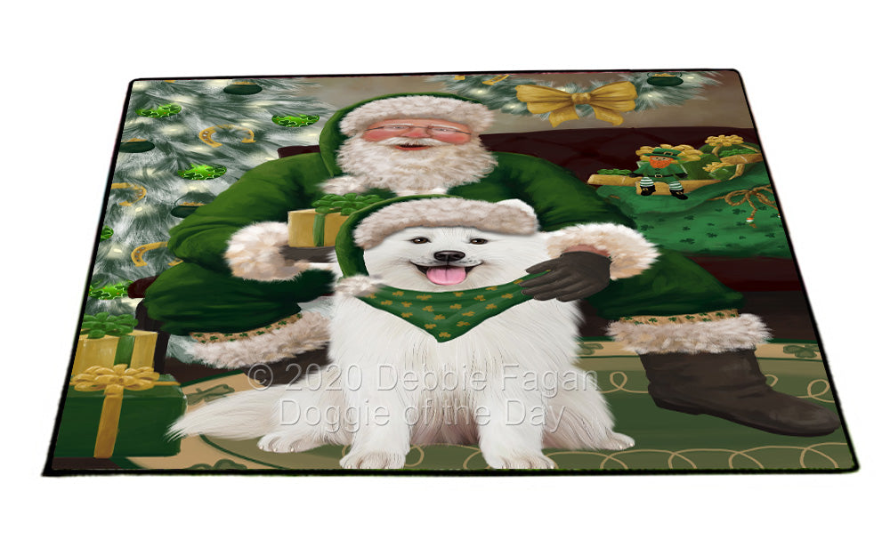 Christmas Irish Santa with Gift and Samoyed Dog Indoor/Outdoor Welcome Floormat - Premium Quality Washable Anti-Slip Doormat Rug FLMS57268