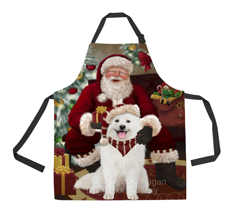 Santa's Christmas Surprise Samoyed Dog Apron - Adjustable Long Neck Bib for Adults - Waterproof Polyester Fabric With 2 Pockets - Chef Apron for Cooking, Dish Washing, Gardening, and Pet Grooming