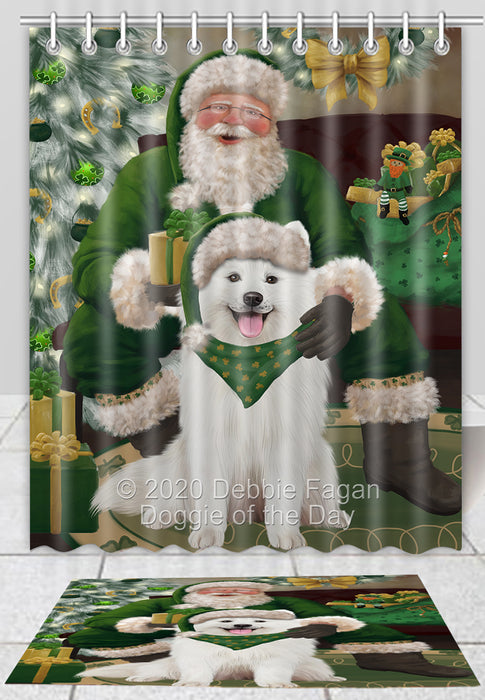Christmas Irish Santa with Gift Samoyed Dog Bath Mat and Shower Curtain Combo