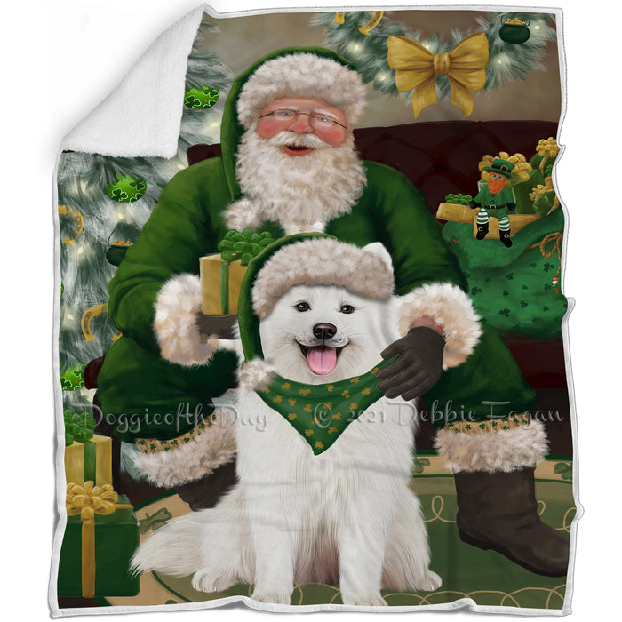 Christmas Irish Santa with Gift and Samoyed Dog Blanket BLNKT141533