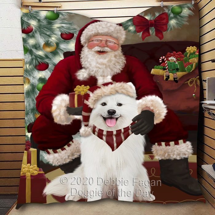 Santa's Christmas Surprise Samoyed Dog Quilt Bed Coverlet Bedspread - Pets Comforter Unique One-side Animal Printing - Soft Lightweight Durable Washable Polyester Quilt