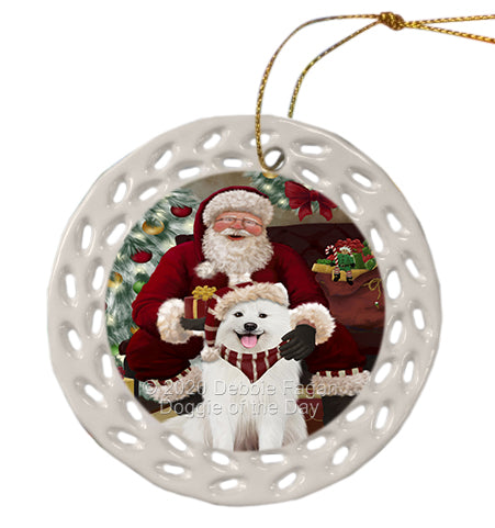 Santa's Christmas Surprise Samoyed Dog Doily Ornament DPOR59626