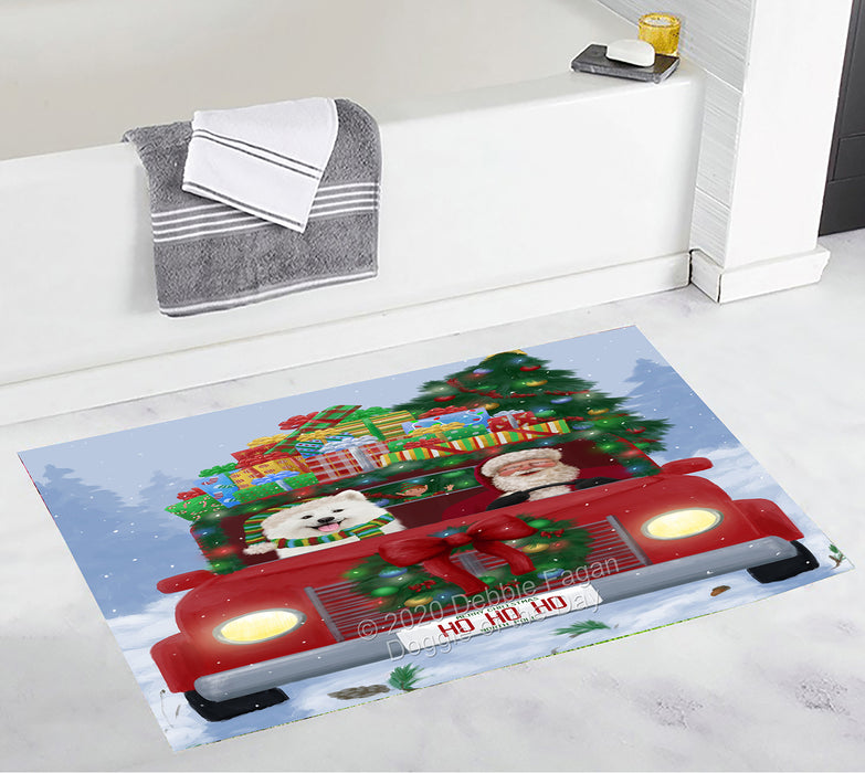 Christmas Honk Honk Red Truck Here Comes with Santa and Samoyed Dog Bath Mat BRUG53860