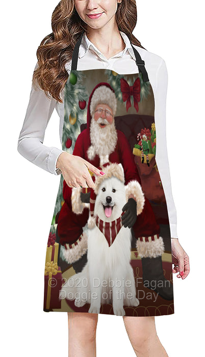 Santa's Christmas Surprise Samoyed Dog Apron - Adjustable Long Neck Bib for Adults - Waterproof Polyester Fabric With 2 Pockets - Chef Apron for Cooking, Dish Washing, Gardening, and Pet Grooming