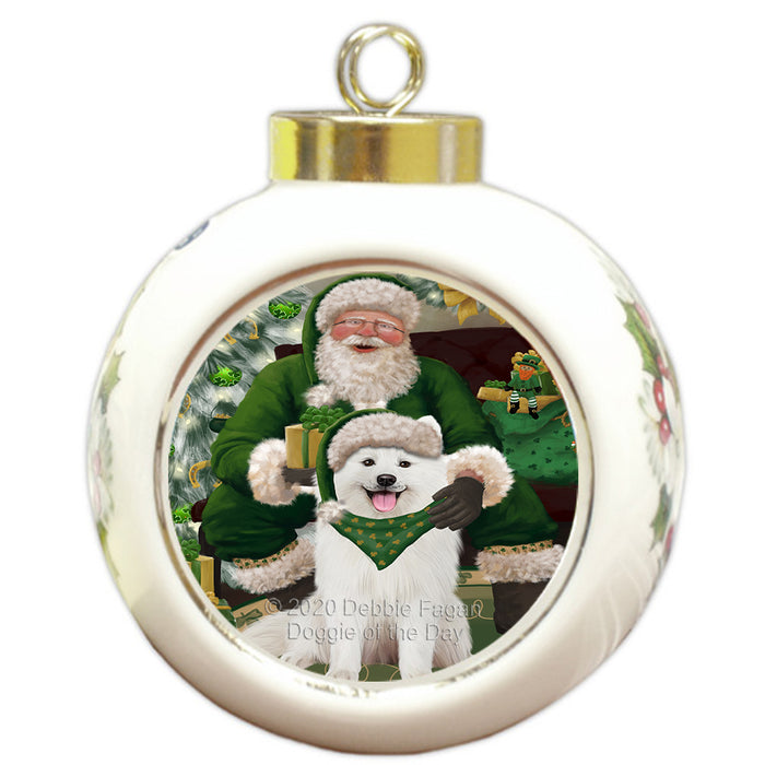 Christmas Irish Santa with Gift and Samoyed Dog Round Ball Christmas Ornament RBPOR57965