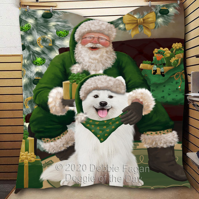 Christmas Irish Santa with Gift and Samoyed Dog Quilt Bed Coverlet Bedspread - Pets Comforter Unique One-side Animal Printing - Soft Lightweight Durable Washable Polyester Quilt
