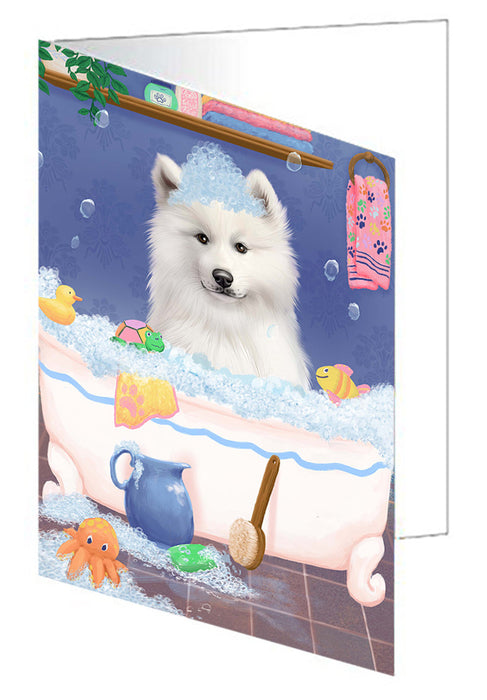Rub A Dub Dog In A Tub Samoyed Dog Handmade Artwork Assorted Pets Greeting Cards and Note Cards with Envelopes for All Occasions and Holiday Seasons GCD79616
