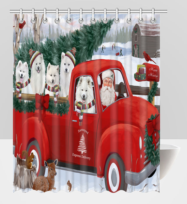 Christmas Santa Express Delivery Red Truck Samoyed Dogs Shower Curtain