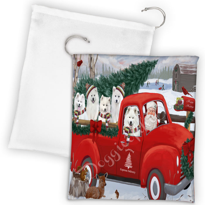 Christmas Santa Express Delivery Red Truck Samoyed Dogs Drawstring Laundry or Gift Bag LGB48335