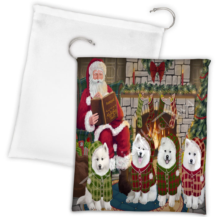 Christmas Cozy Holiday Fire Tails Samoyed Dogs Drawstring Laundry or Gift Bag LGB48529