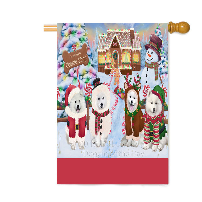 Personalized Holiday Gingerbread Cookie Shop Samoyed Dogs Custom House Flag FLG-DOTD-A59289