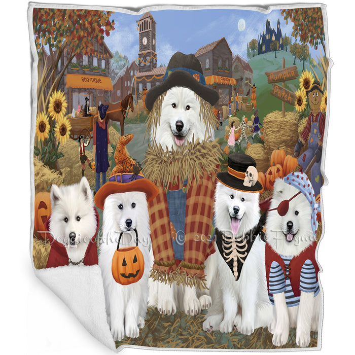 Halloween 'Round Town And Fall Pumpkin Scarecrow Both Samoyed Dogs Blanket BLNKT143638