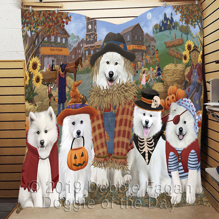 Halloween 'Round Town and Fall Pumpkin Scarecrow Both Samoyed Dogs Quilt