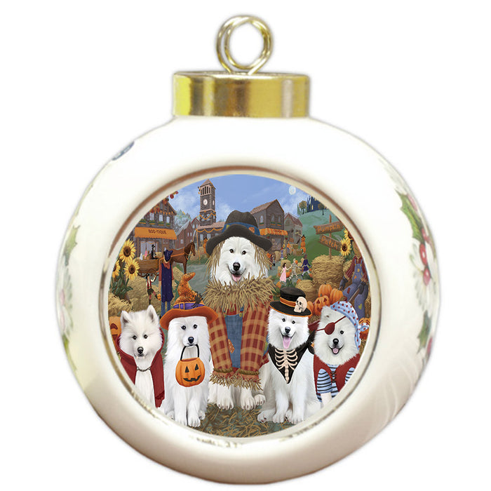 Halloween 'Round Town And Fall Pumpkin Scarecrow Both Samoyed Dogs Round Ball Christmas Ornament RBPOR57602
