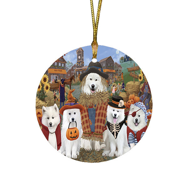 Halloween 'Round Town And Fall Pumpkin Scarecrow Both Samoyed Dogs Round Flat Christmas Ornament RFPOR57602
