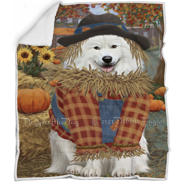 Halloween 'Round Town And Fall Pumpkin Scarecrow Both Samoyed Dogs Blanket BLNKT143639