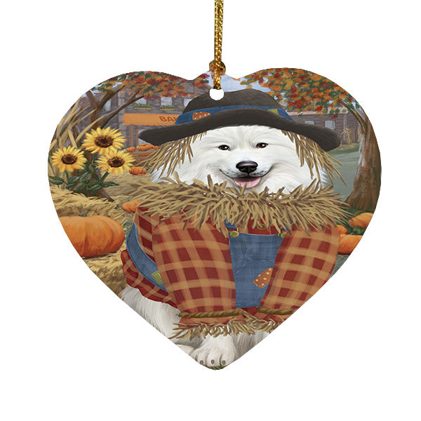 Fall Pumpkin Scarecrow Samoyed Dogs Heart Christmas Ornament HPOR57759