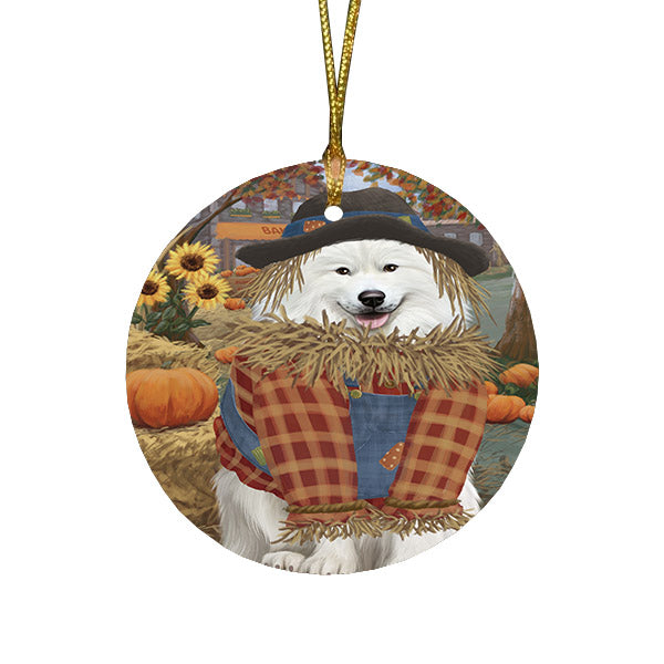 Halloween 'Round Town And Fall Pumpkin Scarecrow Both Samoyed Dog Round Flat Christmas Ornament RFPOR57663