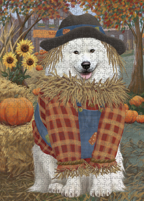 Fall Pumpkin Scarecrow Samoyed Dogs Puzzle with Photo Tin PUZL99004