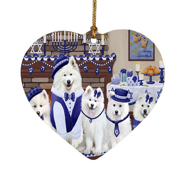 Happy Hanukkah Family Samoyed Dogs Heart Christmas Ornament HPOR57728