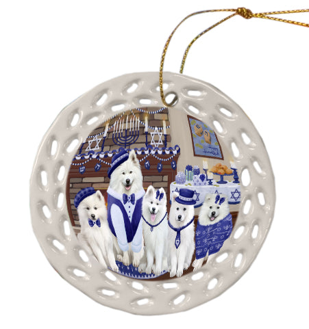 Happy Hanukkah Family Samoyed Dogs Doily Ornament DPOR57912