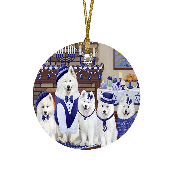 Happy Hanukkah Family and Happy Hanukkah Both Samoyed Dogs Round Flat Christmas Ornament RFPOR57632