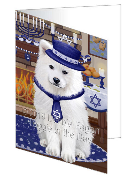 Happy Hanukkah Samoyed Dog Handmade Artwork Assorted Pets Greeting Cards and Note Cards with Envelopes for All Occasions and Holiday Seasons GCD78713