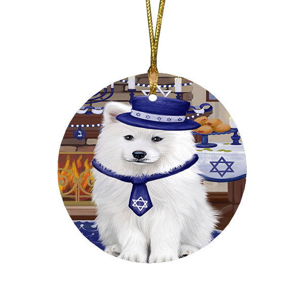 Happy Hanukkah Family and Happy Hanukkah Both Samoyed Dog Round Flat Christmas Ornament RFPOR57693