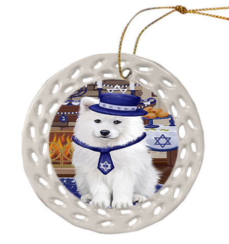 Happy Hanukkah Samoyed Dog Ceramic Doily Ornament DPOR57789